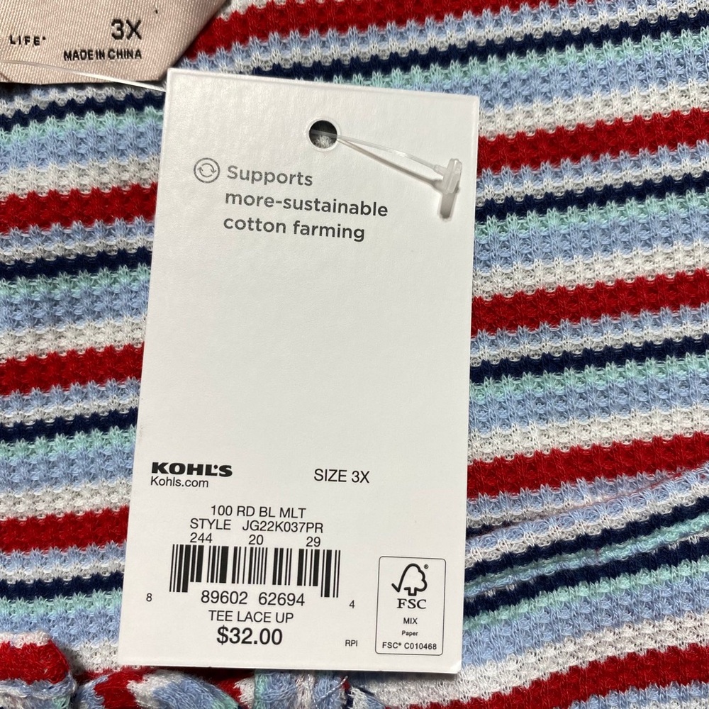 SO Good For Life Juniors Striped Lace-Up Tee Size 3X Blue White Red Green - Picture 3 of 9